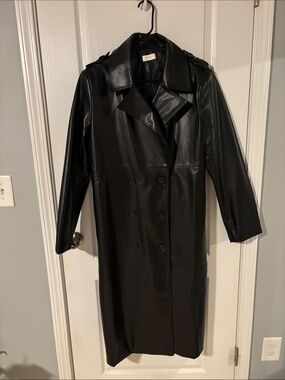 Meshki Black Faux Leather Double-Breasted Trench Coat
